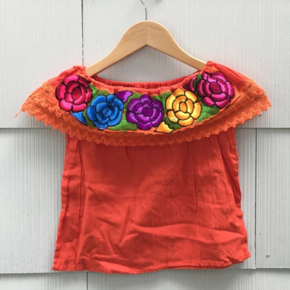 Handmade Girls Embroidered Mexican Blouse - Size 4 - Off the Shoulder Blouse